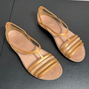 Crocs Isabella Strappy Sandal Womens 8 Gold Glitter Huarache Jelly Flat 204915